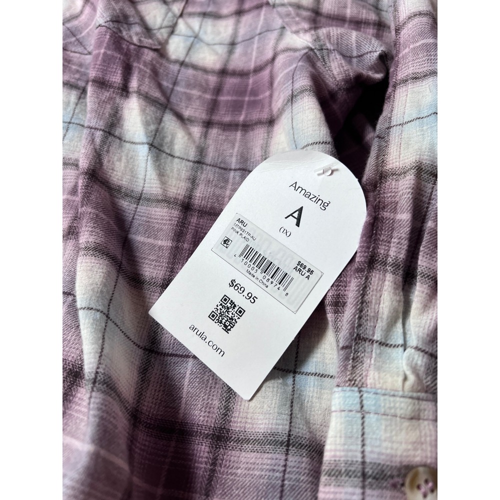 Arula Plaid Button Down Shirt Women‎ 1X Pink Cropped Long Sleeve MTP9317P-AU - Picture 2 of 7